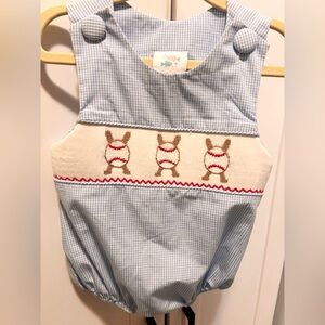 Stitchy Fish Blue baseball Gingham Baby Romper